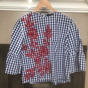 Zara blue gingham blouse with embroidery